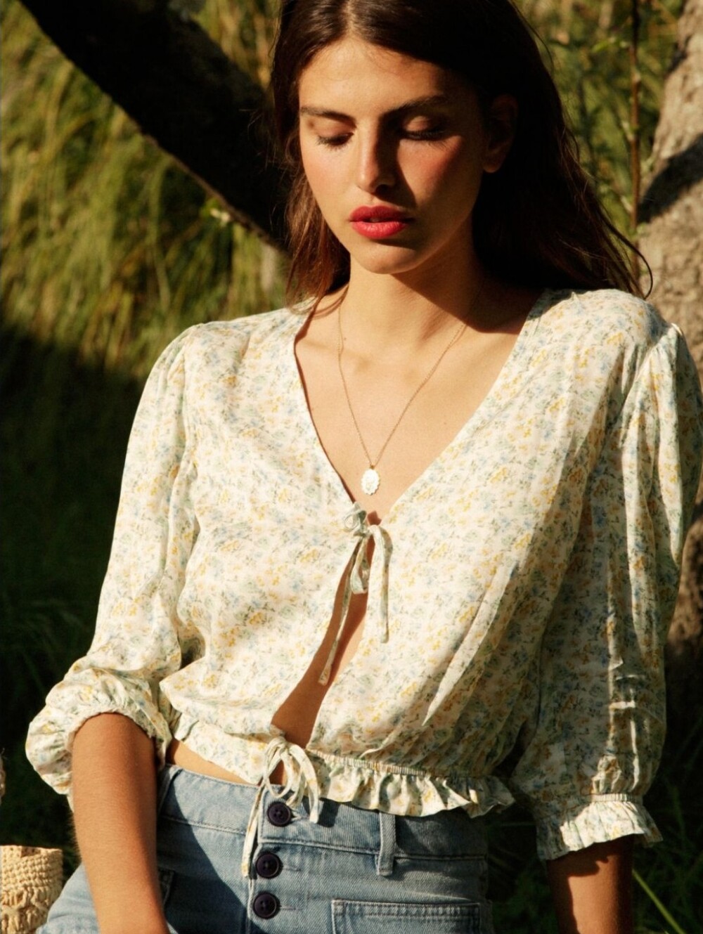 Women's Design Blouse - Rouje Floral Tie Front Crop Blouse Size FR 40